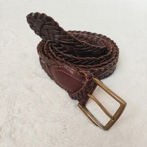 American Eagle Mens Braided Leather Belt Dark Brown Woven Gold Tone Brass Buckle